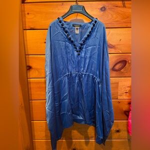 Chaus Blue Tunic with Black Beaded Neckline